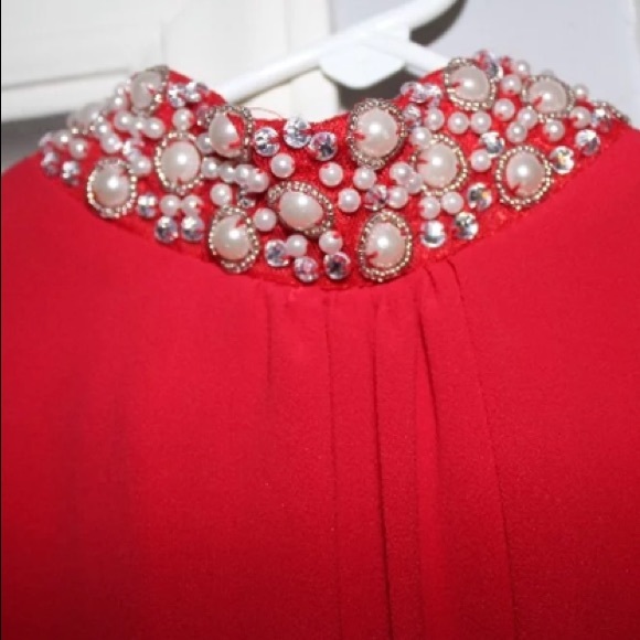 Red Pearl Neckline Dress - Picture 2 of 3